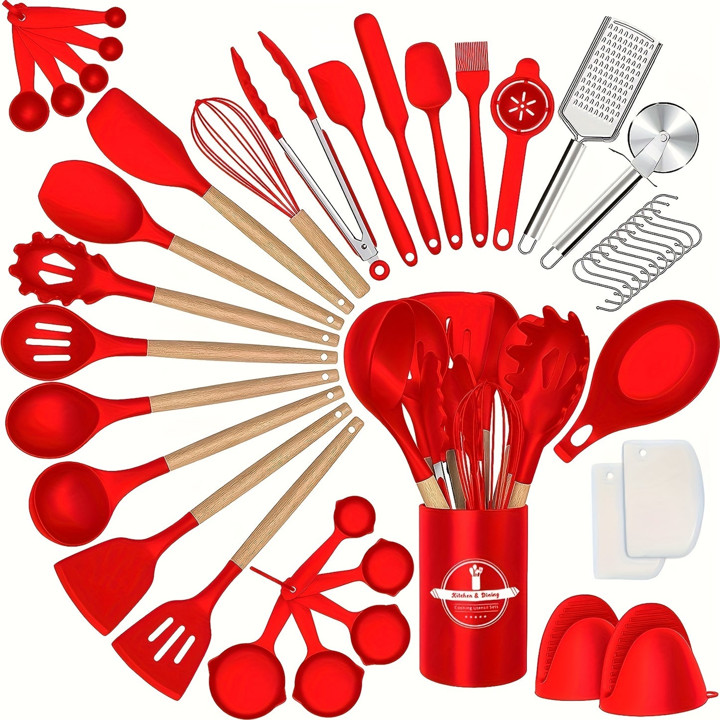 43pcs Non-Stick Cookware Storage Bucket with Wooden Handles, Silicone Kitchen Utensils, Easy-To-Clean Kitchen Tools, Spatula And Spoon Set.