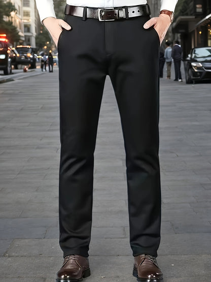 Men's Sleek Stretch Dress Pants - Solid Color Black, Comfort Fit with Subtle Stretch, Polyester Fabric, Mid-Rise, Machine Washable, Perfect for Business Casual & All-Season Wear, Business Casual Pants | Sleek Trousers | Easyc