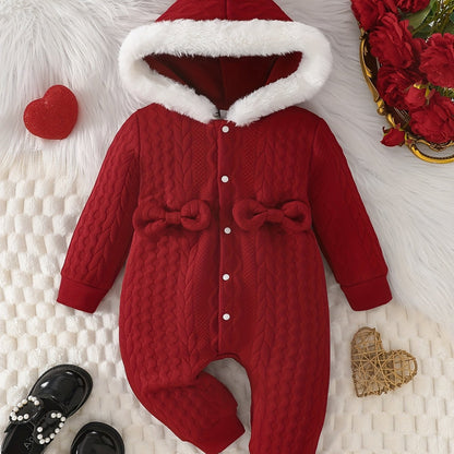 Baby Girl'S Cute Thickened Knit Romper with Hood and Bow Accent, Perfect for Outdoor Christmas and Autumn/Winter Wear, P101924, Perfect for Outdoor Christmas And Autumn/Winter