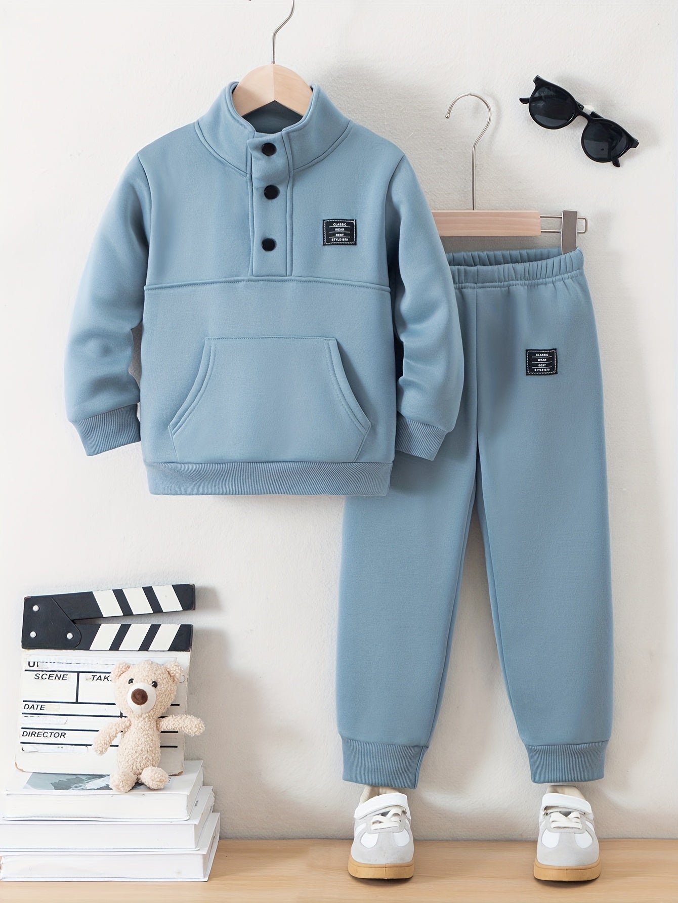 Boys' Cozy Fleece-Lined Hoodie & Sweatpants Set - Olive Green Casual Winter Outfit with Pockets, Thick Warmth for Fall & Winter, Regular Fit, Casual Attire, for Outdoor