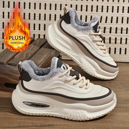 's Winter Snow Traction Shoes with -Like Collar - -Skid Low-Top, PU Upper & PVC Sole - Red/Navy/Beige/White Colorway for Ice Skating, Snow Walking, Casual Winter Wear (Warm Lace-Up Sneakers)