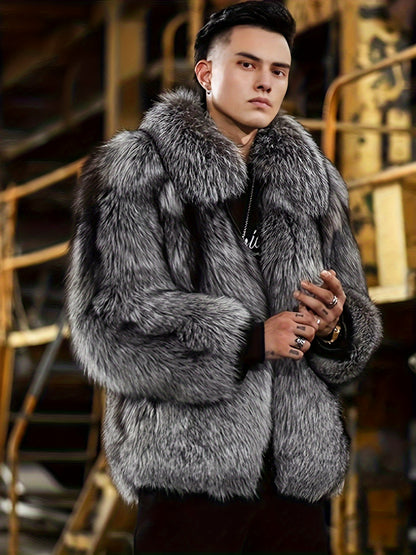 Men'S Faux Fur Coat with Imitation Fur Lining, Square Neck Zipper Short Winter Windproof Warm Loose Casual Jacket for Young Style