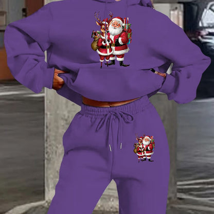 Women's winter clothing Santa Claus printed Women's velvet hooded sweater set