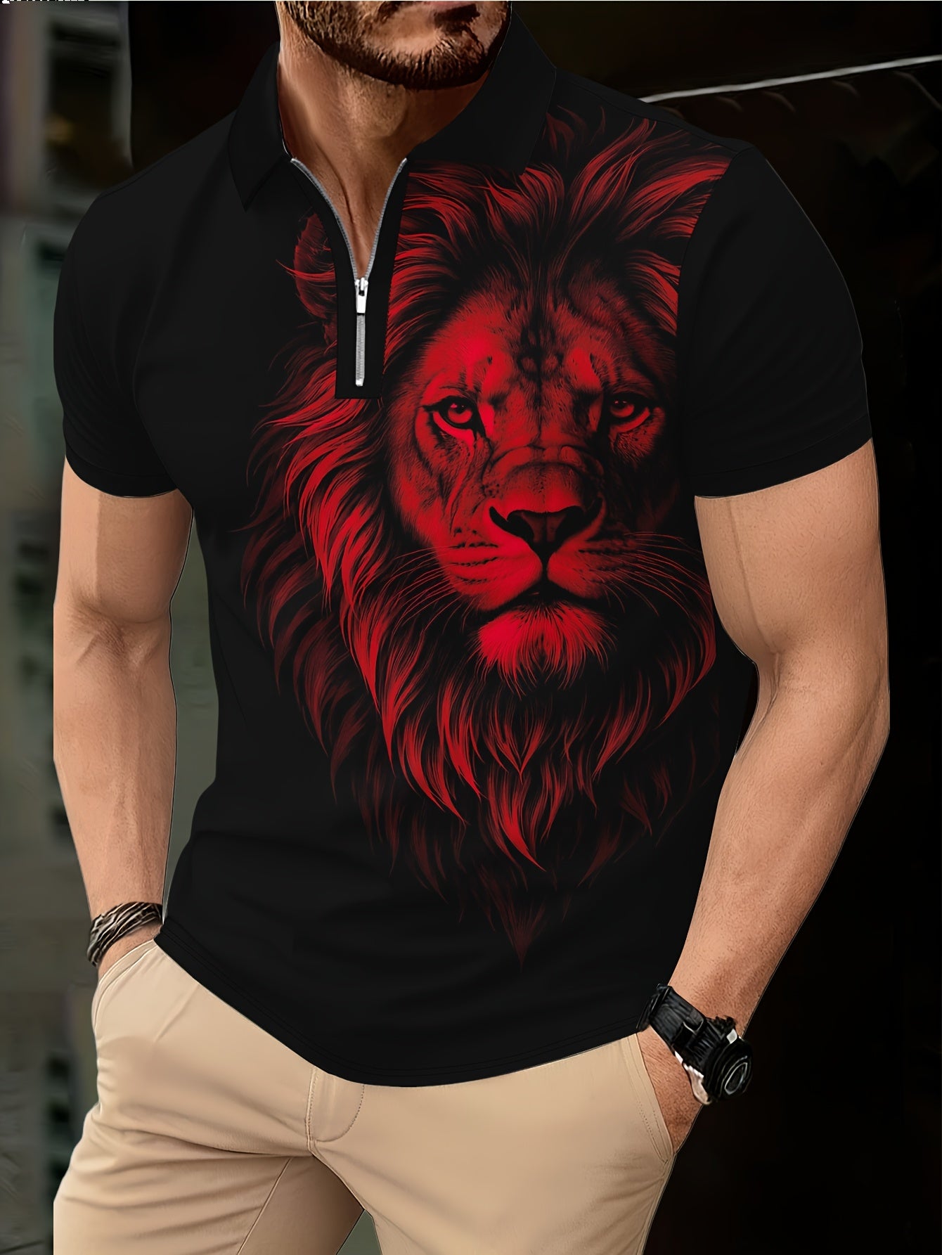 Men's Zip Shirt Short Sleeve Summer Trendy Lion Print Collar T-Shirt Business Casual Slim Fit Men's Top Women's Clothing - ayq
