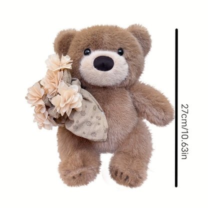 Flower-Holding Teddy Bear, Warm Desktop Decoration, Practical Desk Companion Doll, Holiday Gift