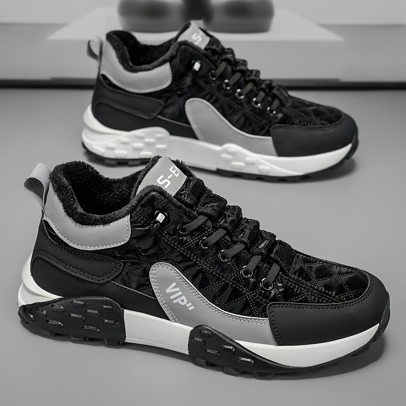 Men'S Stylish Color-Block Plush-Lined Winter Sneakers - Warm, High-Stability Running Shoes with Lace-Up Closure, Geometric & Solid Color Design, Synthetic & Fabric Upper, PVC Sole for Casual & Outdoor Activities, Winter Sneak
