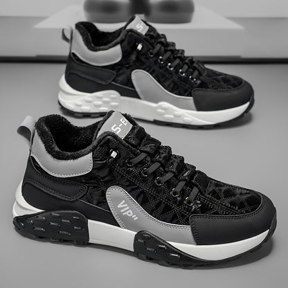 Men'S Stylish Color-Block Plush-Lined Winter Sneakers - Warm, High-Stability Running Shoes with Lace-Up Closure, Geometric & Solid Color Design, Synthetic & Fabric Upper, PVC Sole for Casual & Outdoor Activities, Winter Sneak