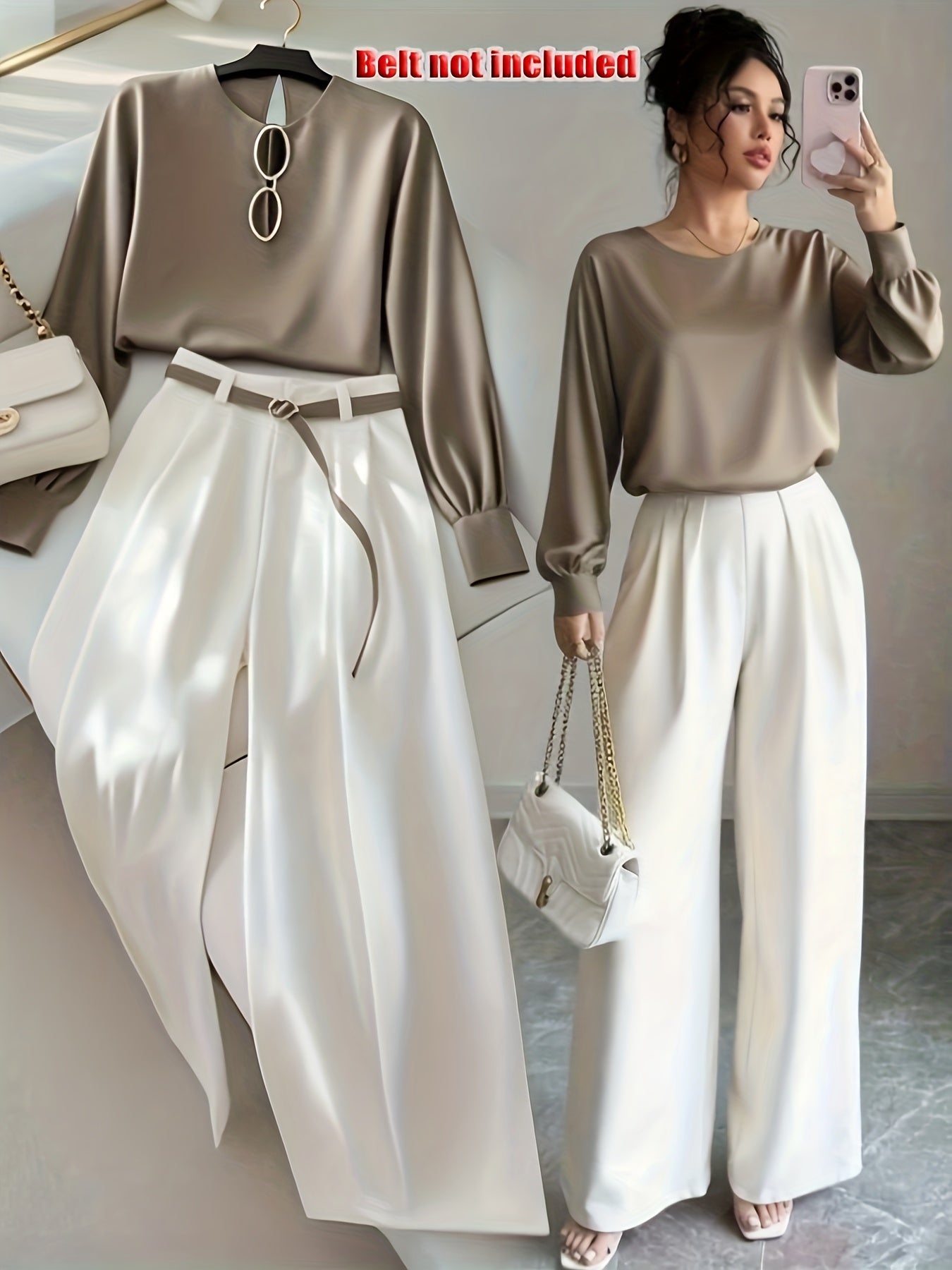 New Women's Elegant Casual Long-Sleeve Shirt + Straight-Leg Pants Set, Belt Not Included [Cherry Bean] - ayq
