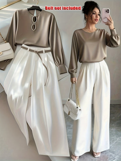 New Women's Elegant Casual Long-Sleeve Shirt + Straight-Leg Pants Set, Belt Not Included [Cherry Bean] - ayq