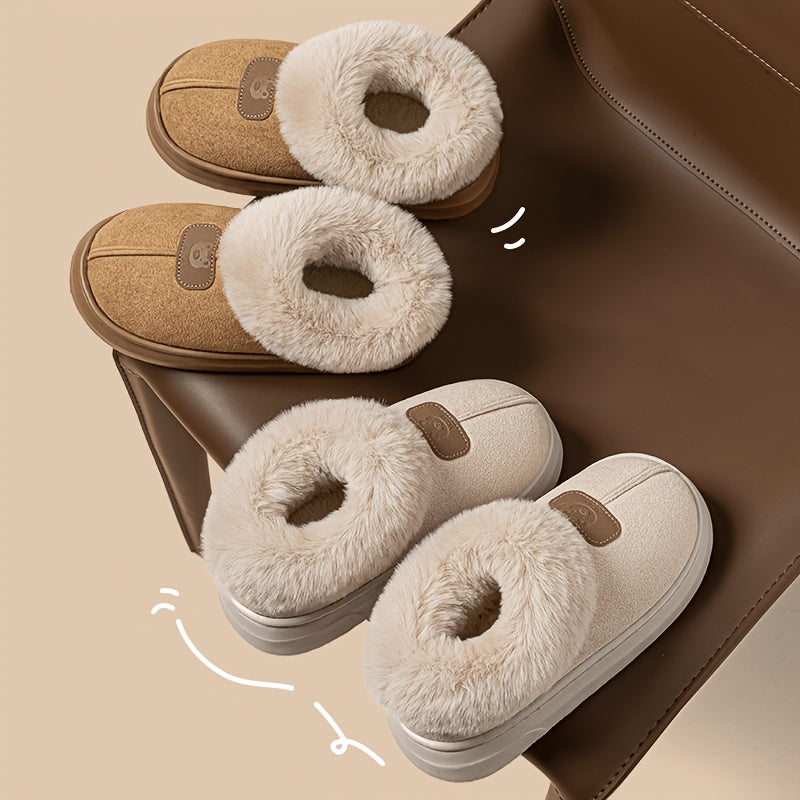 Unisex Winter Plush-Lined Slip-On Slippers with Thick Sole
