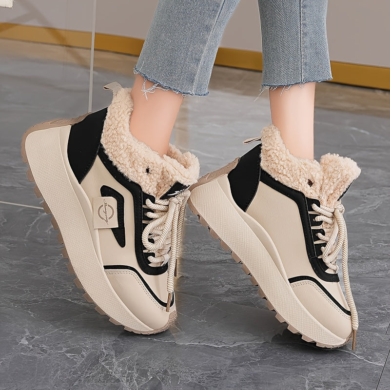 Կանացի ձմեռային ձնագնացքներ հաստ, փափուկ PVC ներբանով՝ բարձրացնող էֆեկտով - սահքից պաշտպանող, արհեստական կաշվե վերնամասով և փափուկ ծածկույթով, բեժ/սև գույն - ամենագնացքային ճկունություն սառույցի, ձյան և ամենօրյա կրման համար -