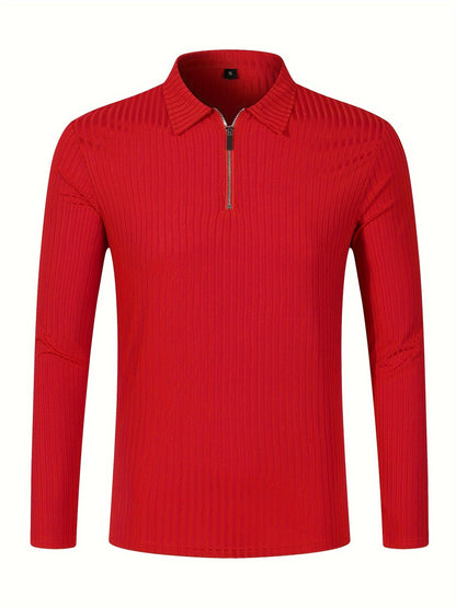Men's Casual Sports Ribbed Long Sleeve Zipper Lapel Golf Shirt, Spring And Fall