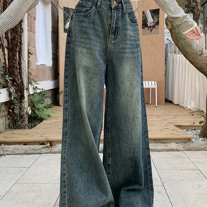 1pc XNVJEVGY Women'S High-Waisted Wide Leg Denim Jeans, Casual Style, Non-Stretch, Solid Color, Long Pants with Zipper Closure, Washed Finish, Suitable for All Seasons