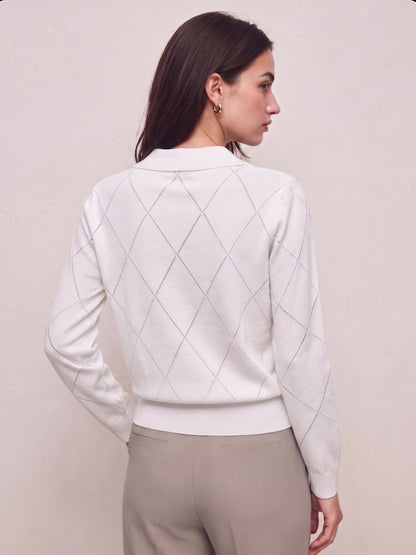 Elegant Women's Polo Neck Argyle Sweater with Loose Fit