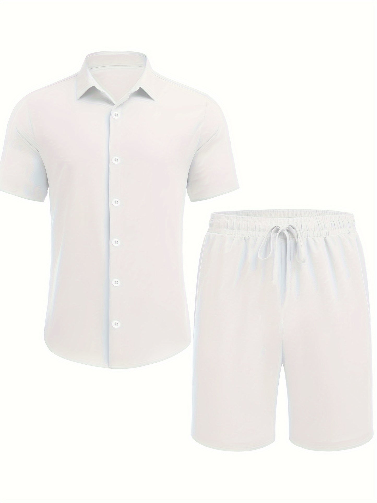 Men'S 2pcs Summer Beach Set, Cotton Linen Blend, Casual Short Sleeve Button- Shirt and Shorts, Solid Color, Lapel Collar, Non-Stretch Fabric, Regular Fit, Woven, 160g/m² - Loungewear Outfit