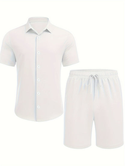 Men'S 2pcs Summer Beach Set, Cotton Linen Blend, Casual Short Sleeve Button- Shirt and Shorts, Solid Color, Lapel Collar, Non-Stretch Fabric, Regular Fit, Woven, 160g/m² - Loungewear Outfit