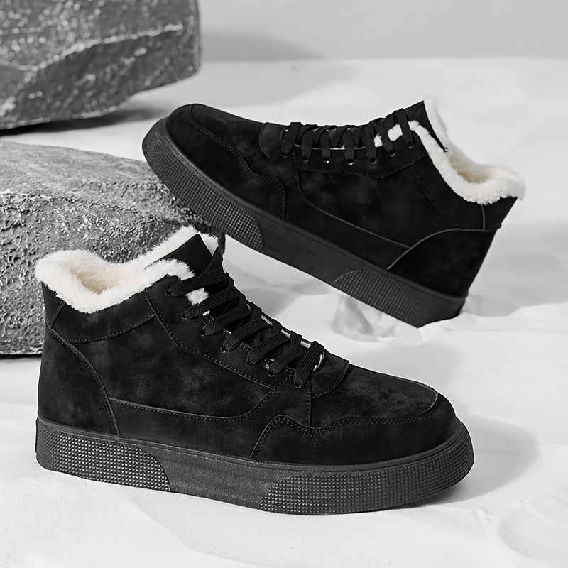 Men's Winter Warm Mid-Top Sneakers - Heavy-Duty Insulated Ankle Shoes with Thick Traction PVC Sole, Upper & Grey/White Beige Lining for Outdoor, Hiking, Skateboarding & Casual (Cold Weather) - Lace-Up Boots, Shoes For Men