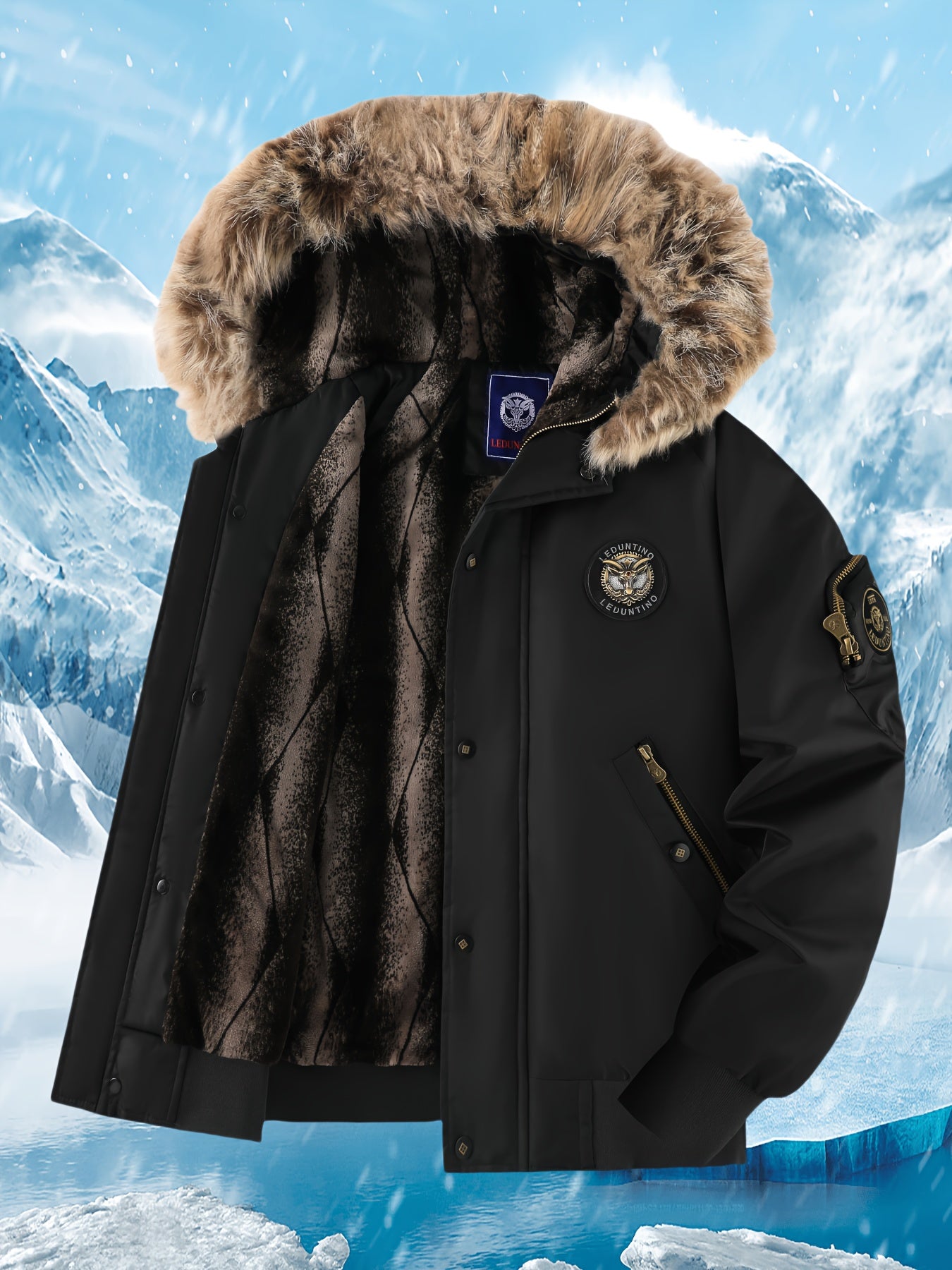 Տղամարդու ձմեռային վերարկու - նոր տաք, գլխարկով բաճկոն՝ ոսկեգույն նախշերով, ազատ չափսի, ցուրտ եղանակի համար նախատեսված ամենօրյա վերնազգեստ, լվացքի մեքենայով լվացվող, հաստ, հարմարավետ փափուկ աստառով