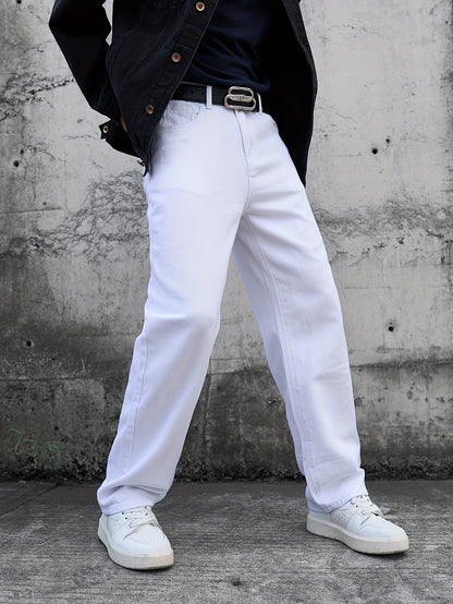 Men's Casual White Jeans - Loose Fit, Cotton, Machine Washable, Solid Color with Pockets, All-Season Wear