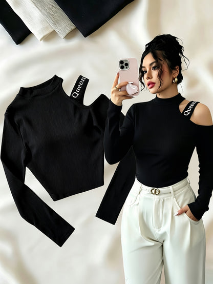 Women’s Fitted Off-Shoulder Top with Embroidered Shoulder Straps