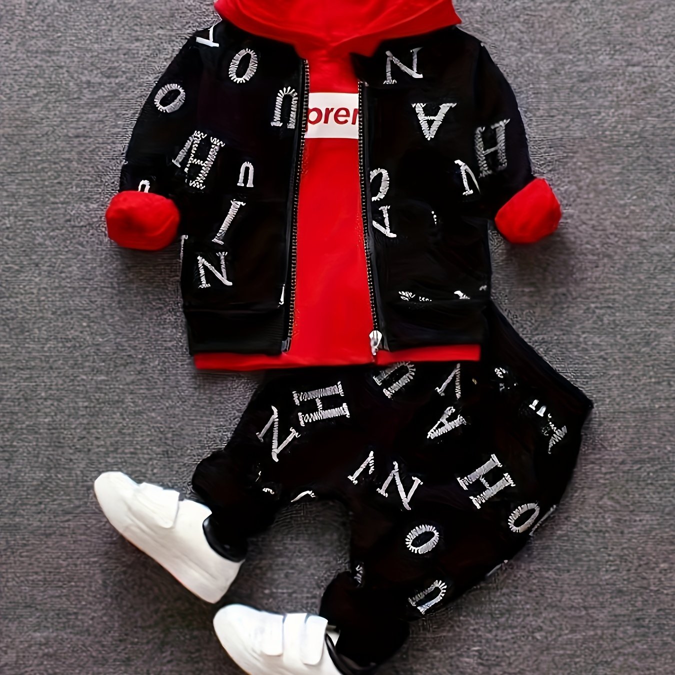 BabiColor Boys' 3pcs Cotton Blend Outfit Set - Letter Print Hoodie, Zip-Up-up բաճկոն և տաբատ գարնան/աշունի համար, կատարյալ դրսի համար