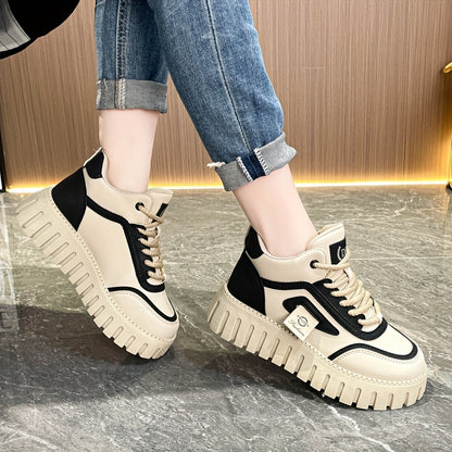 1 Pair Women'S Fashion Mid-Top Casual Sneakers, PU Upper, Fabric Lining, Rubber Sole, and EVA Insole, Lace-Up Design, with All-Season Versatile Athletic Shoes