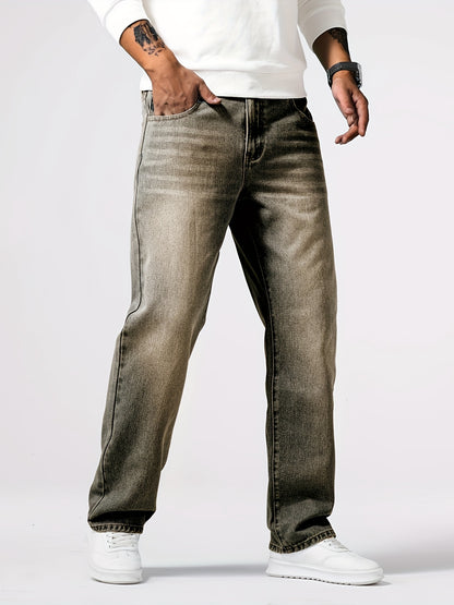 Loose Fit Straight Leg Jeans, Men's Casual Street Style Distressed Denim Pants For All Seasons