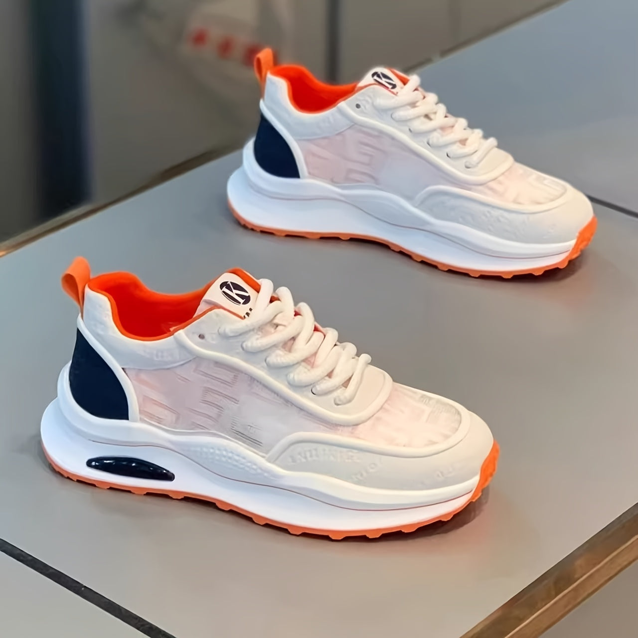 Men's Lightweight Breathable Low-Top Sneakers - PU Upper  PVC Sole, White/Navy/Red Accents, Lace-Up Round Toe for Casual, Outdoor, Running  Gym - All-Season Comfort Shoes, Casual Footwear, Geometric Pattern, Comfortable Fit