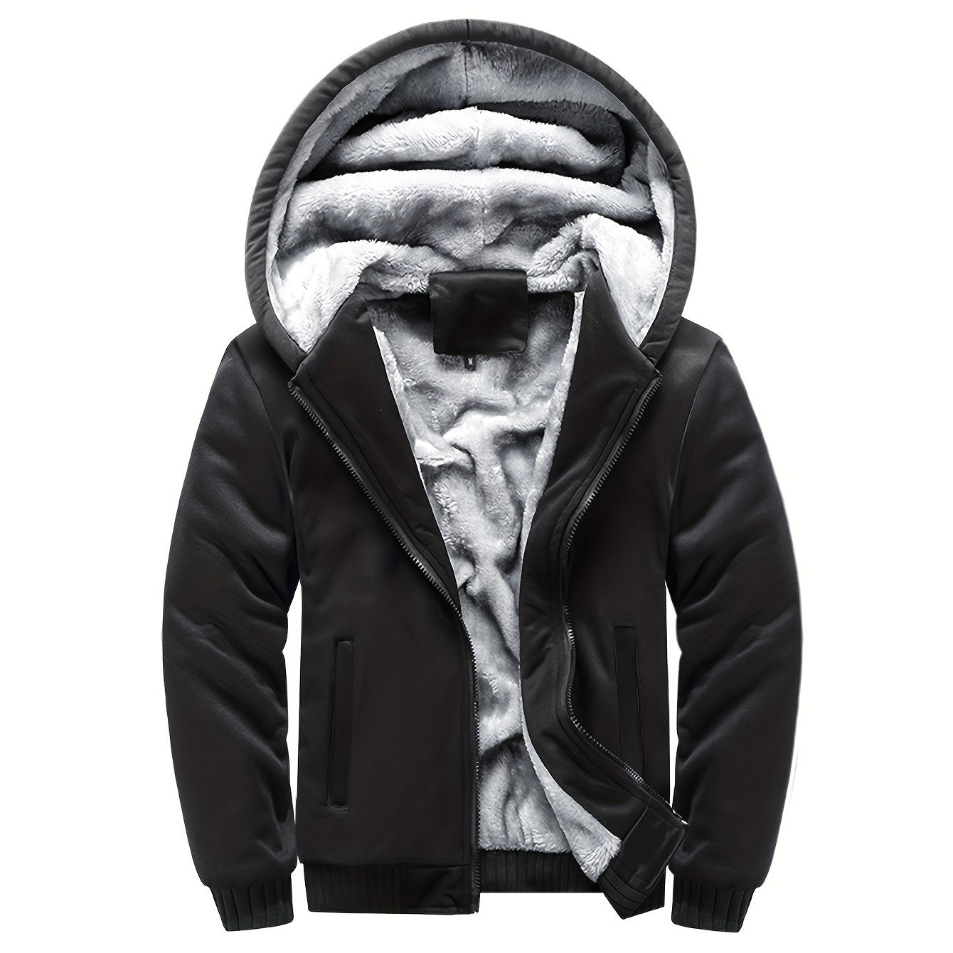 Color Block Sherpa Lined Men's Hooded Jacket, Casual Long Sleeve Hoodies With Zipper, Gym Sports Hooded Coat For Winter Fall