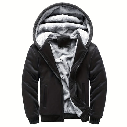 Color Block Sherpa Lined Men's Hooded Jacket, Casual Long Sleeve Hoodies With Zipper, Gym Sports Hooded Coat For Winter Fall