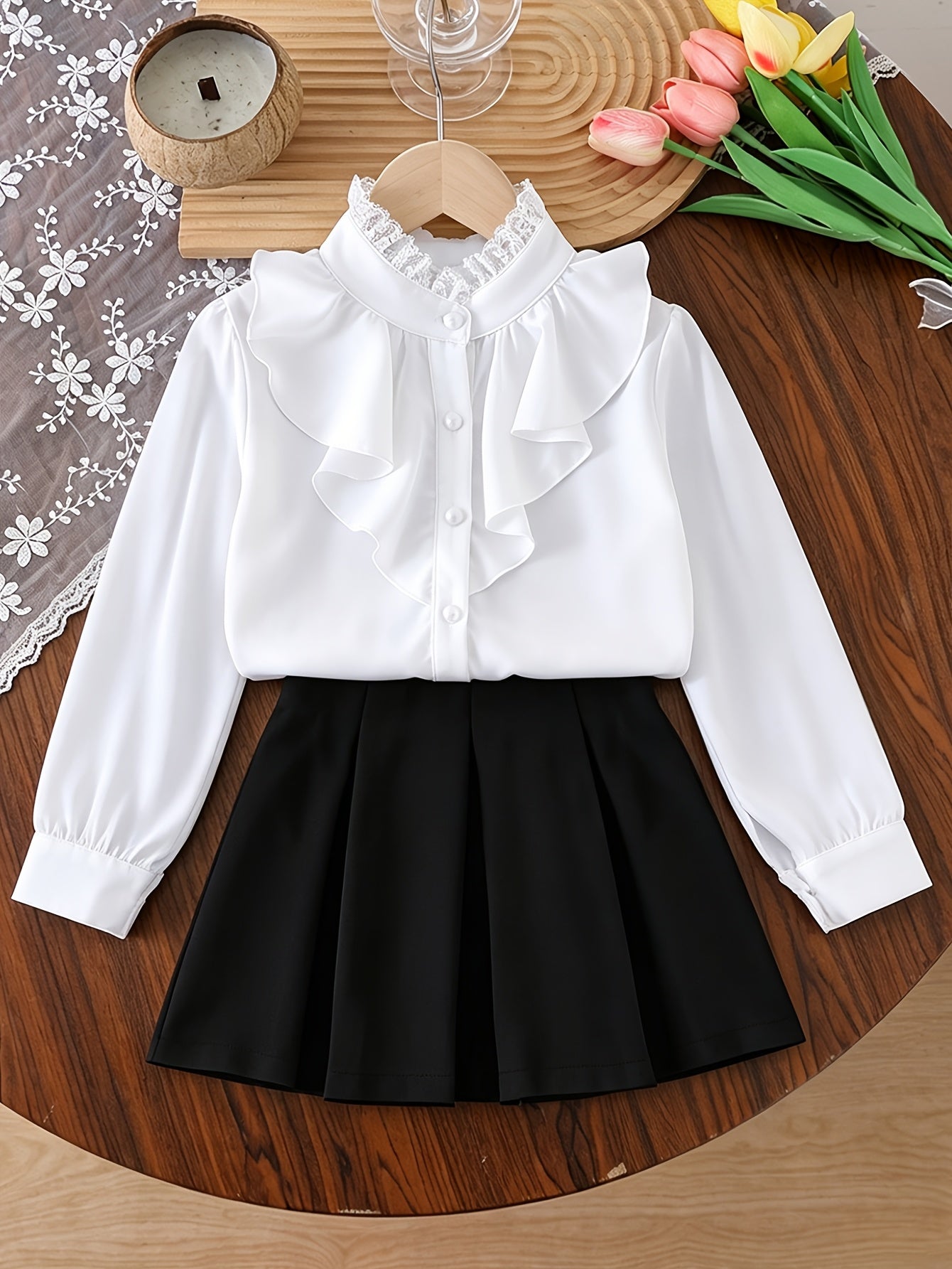 Girls' Autumn Skirt Set - Elegant Button Blouse & Pleated Skirt
