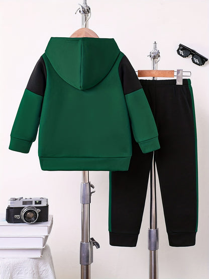 2pcs Boys' Autumn/Winter Fleece-Lined Hooded Sweatshirt and Pants Set, Simple Letter Print Fashion Classic Outfit for Outdoor Sports and Casual Wear, 100% Polyester Knit Stretch Fabric, Ideal Gift Choice for Kids, Perfect for