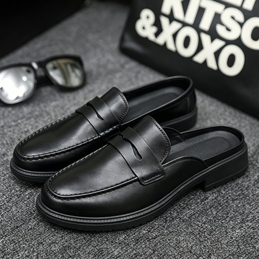 Men's Casual British-Style PU Slip-On Slippers with Round Toe - ayq