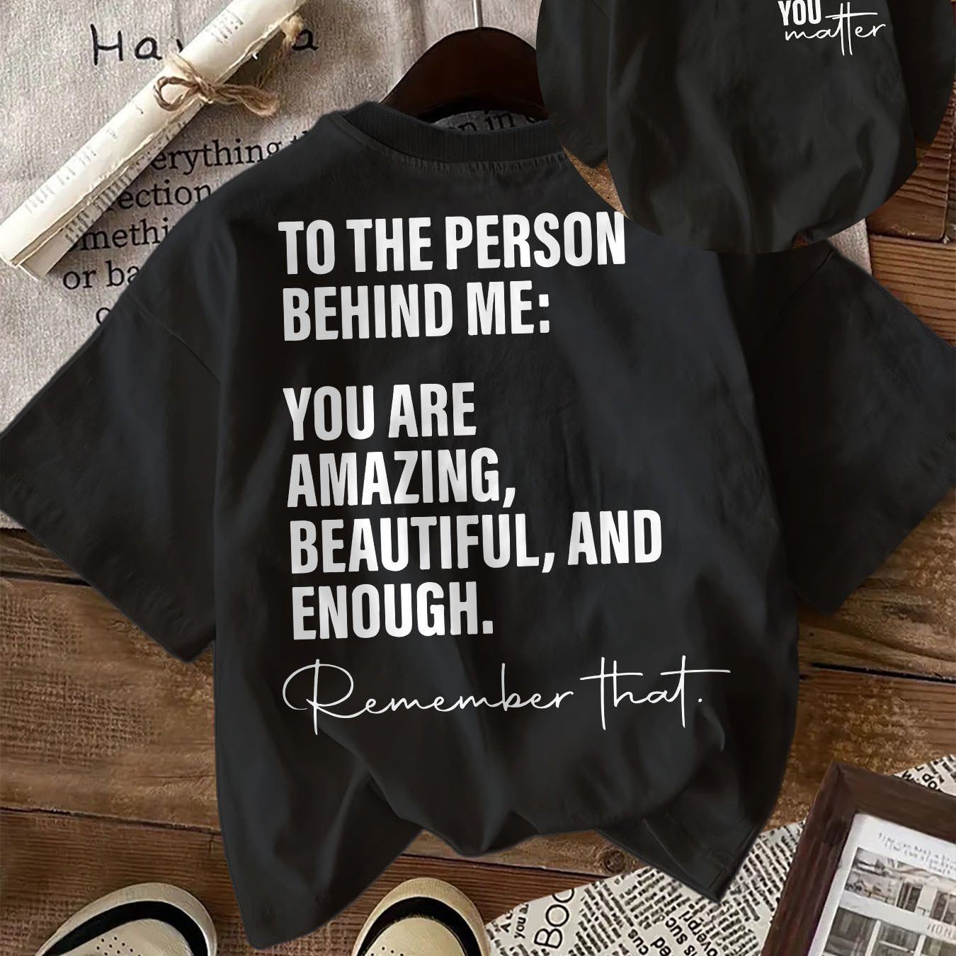 Women's Inspirational Letter Print T-Shirt - Short Sleeve Crew Neck Casual Top with Uplifting Message "You Are Amazing" - Black, Perfect for Spring & Summer, Motivational Clothing | Inspirational Apparel | Knit Construction