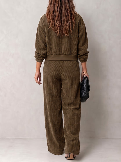 Women's Corduroy Casual Suit Set with Off-Shoulder Jacket & Wide-Leg P