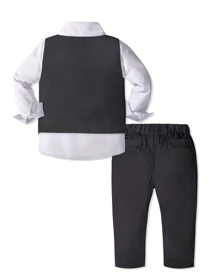 Boys' 4-Piece Preppy Suit Set with Vest and Bow Tie