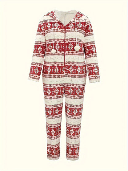 Women'S Cozy Red & White Geometric Print Jumpsuit - Casual Long Sleeve Romper with Drawstring Waist, Soft Stretchy Fabric, Perfect for Winter Lounging & Relaxing at Home, Comfortable Clothing | Relaxed Fit Jumpsuit | Medium E