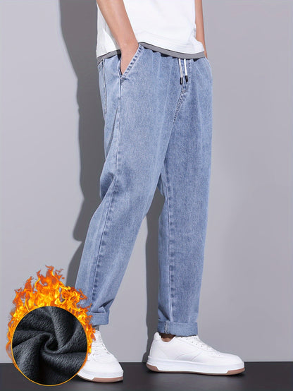 Men's Winter Fleece-Lined Jeans - Casual Straight Leg with Elastic Drawstring Waist, Warm & Stylish Streetwear Denim Pants