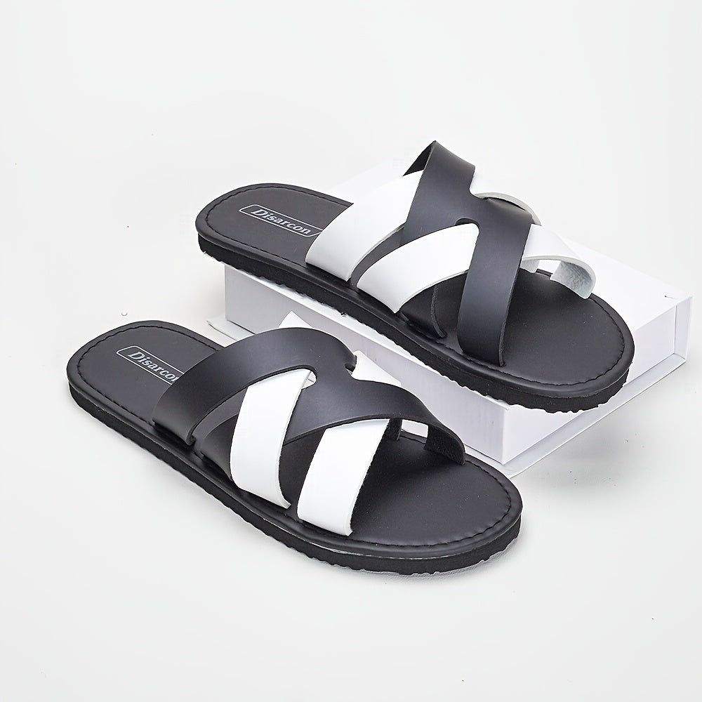 Men's Black White Cross-Strap Slippers, Breathable Non-Slip EVA Sole