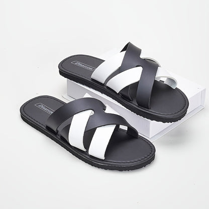 Men's Black White Cross-Strap Slippers, Breathable Non-Slip EVA Sole