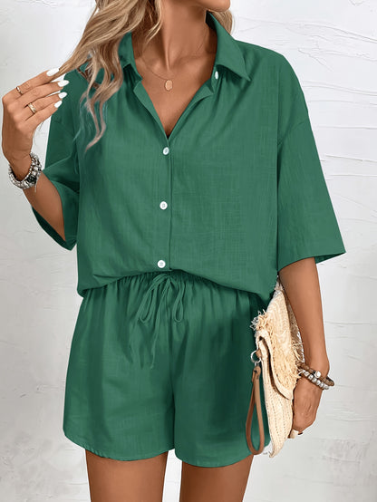 Elegant Solid Color Polo Shirt and Shorts Set for Spring/Summer
