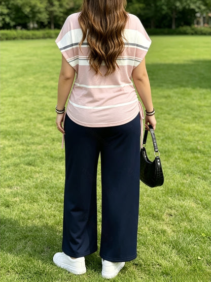 Women's Casual Two-Piece Set with Striped Bow Drawstring