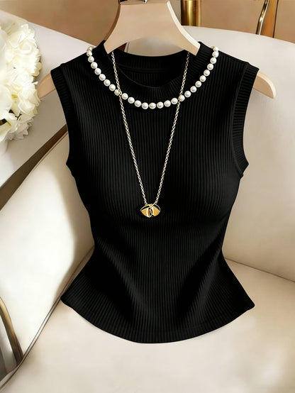Women’s Elegant Pearl-Embellished Sleeveless Slim-Fit Top
