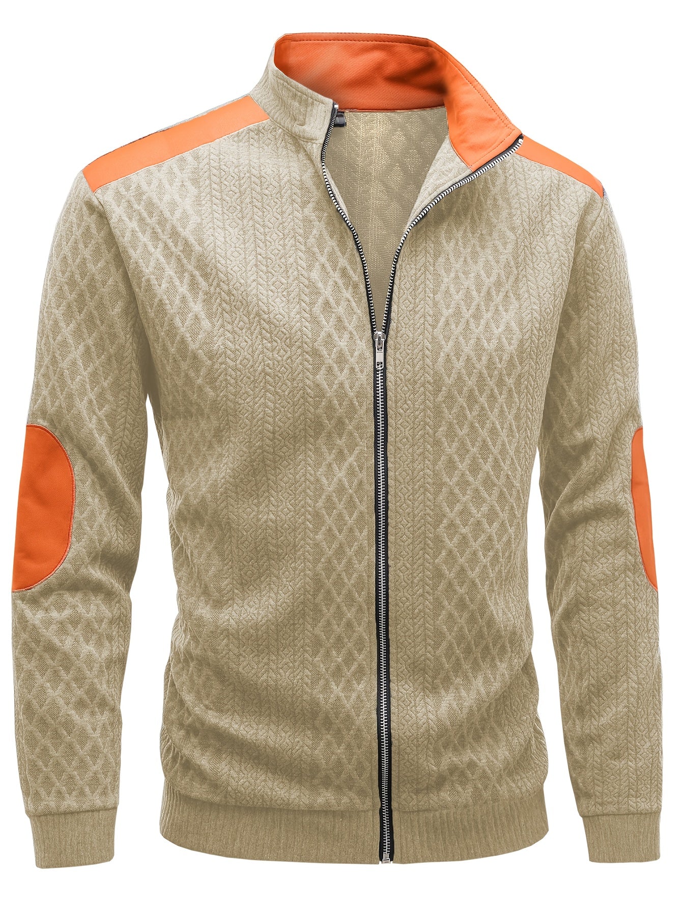Men's Beige & Orange Contrast Full-Zip Jacket - Winter Warmth Loose-Fit Tailored Coat with Stand Collar, Zippered Pockets & Full-Zip Closure, Machine Washable Casual Outerwear for Men (Beige/Orange) - Ideal for Fall and Winte