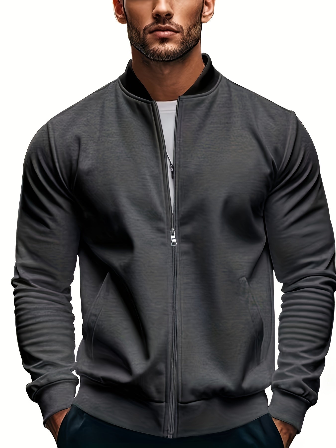 Men's Lightweight Stand Collar Jacket - Olive Green Softshell Zipper Jacket with Pockets, Regular Fit for Spring/Fall Hiking & Casual Outdoor Wear, Hiking Accessories