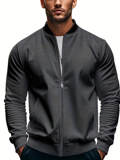 Men's Lightweight Stand Collar Jacket - Olive Green Softshell Zipper Jacket with Pockets, Regular Fit for Spring/Fall Hiking & Casual Outdoor Wear, Hiking Accessories