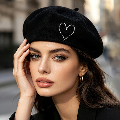Women's Wool Beret Hat with Rhinestone Heart - Lightweight Warm