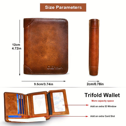 1 հատ CIEPHIA Vintage բնական կաշվից RFID արգելափակող դրամապանակ տղամարդկանց համար՝ բարակ, բազմաֆունկցիոնալ նույնականացման և կրեդիտ քարտի կրիչ, դաջված տարբերանշանով շագանակագույն, Իդեալական նվեր Սուրբ Վալենտինի օրվա համար