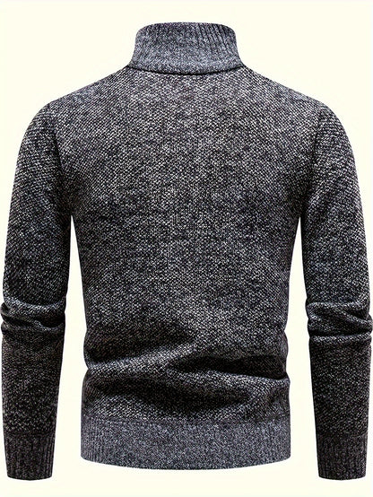 Men's Fleece-Lined Warm Knit Sweater - Autumn/Winter, Solid Color with Stand Collar & Short Zipper Placket, Long Sleeve, Polyester - Ideal for Hiking, Cycling & Casual Attire, Winter Sweater