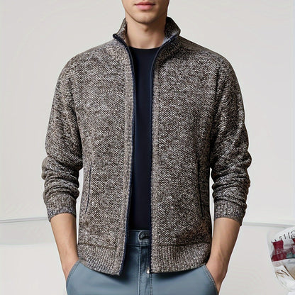 Men's Solid Fleece Knitted Cardigan With Pockets, Casual Long Sleeve Turtle Neck Zip Up Warm Sweater For Winter Fall Outdoor Activities